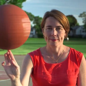 Photo Of Maura Healey Dispalying Her Basketball Prowess. She Plays Basketball During Her Free Time.